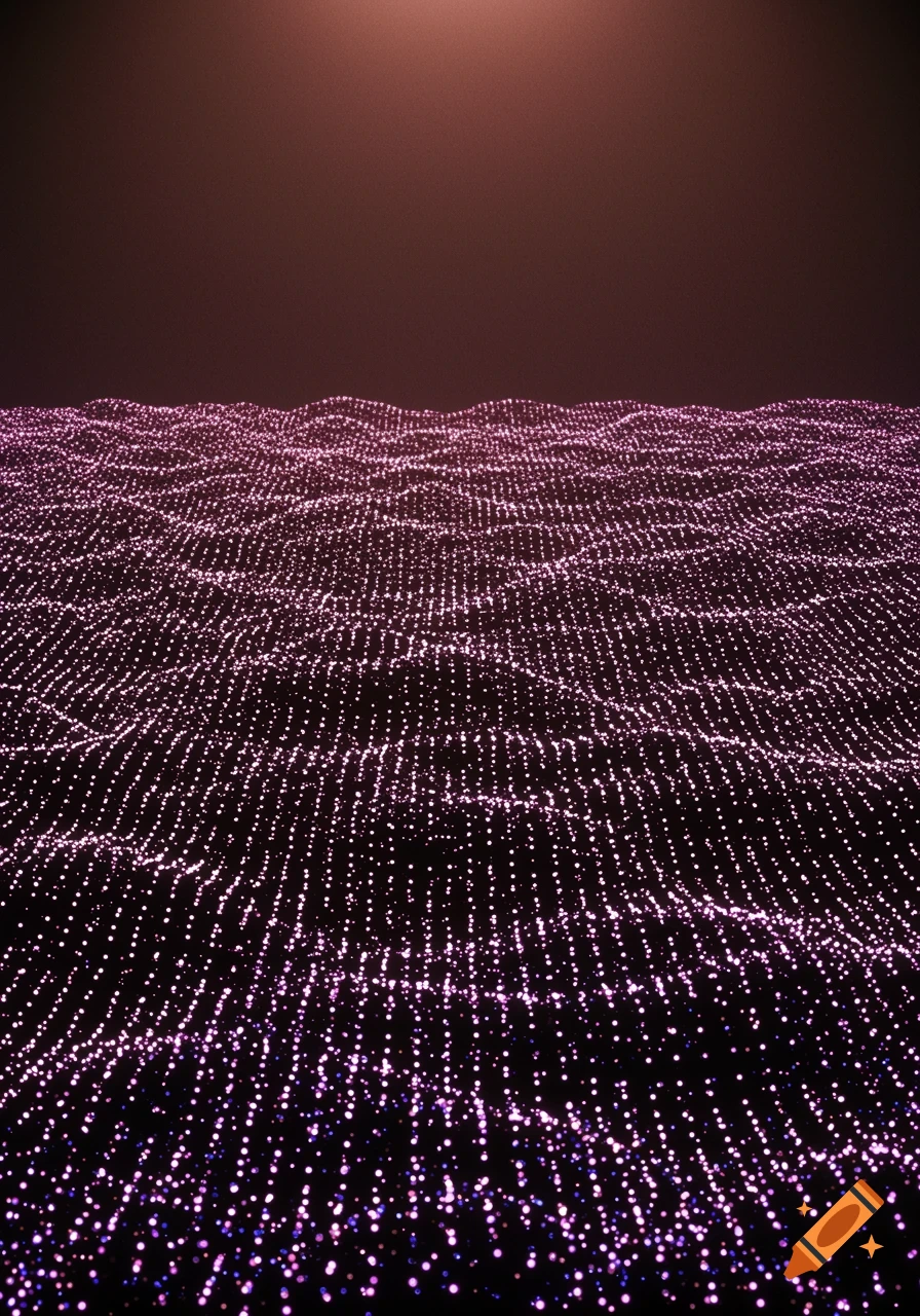 An abstract field of glowing purple dots forms undulating waves beneath a dark sky with a reddish light.
