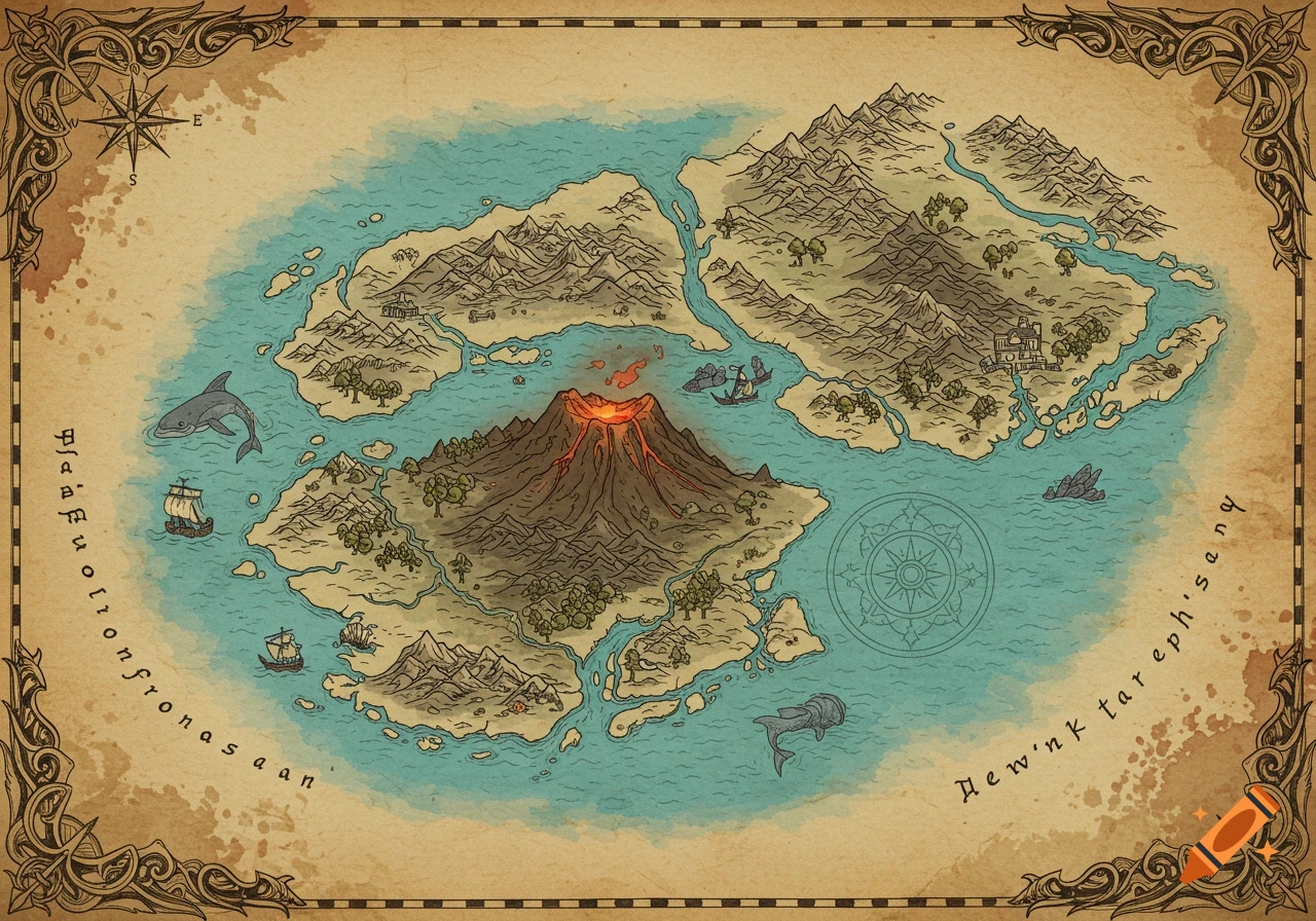 A detailed fantasy world map drawn on aged paper, featuring islands, mountains, rivers, a central erupting volcano, ships, and sea creatures.