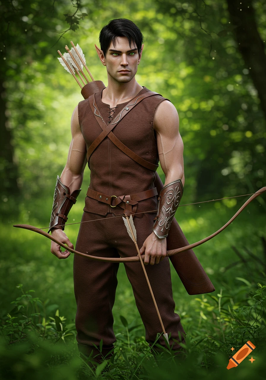 A photorealistic elf warrior with a bow and arrow stands in a lush green forest.