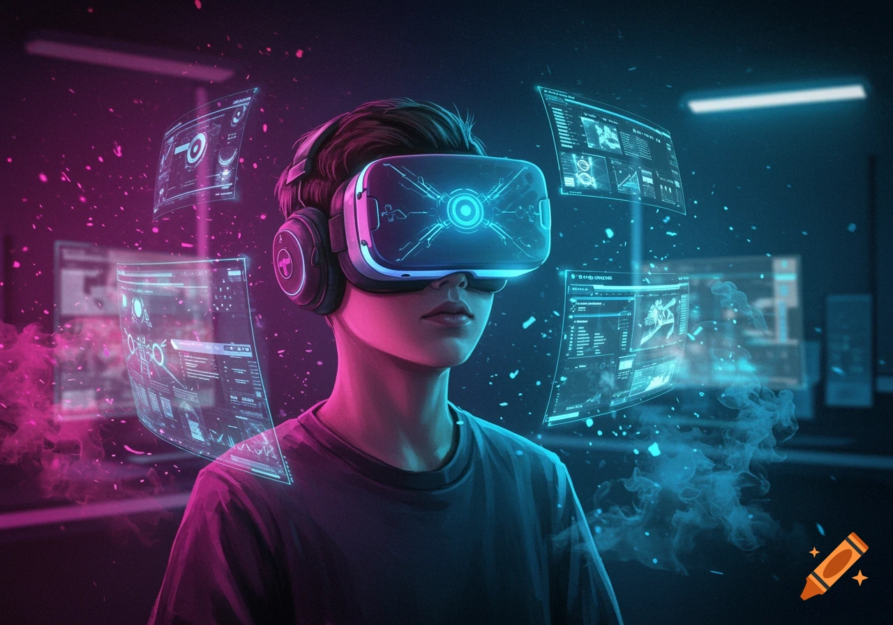 A person wears a futuristic VR headset, surrounded by glowing blue and pink holographic data screens in a dark, neon-lit room.