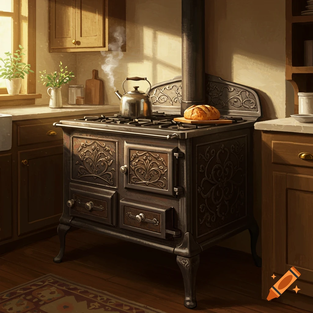 A cozy kitchen scene with an old-fashioned cast iron stove, a steaming kettle, and a loaf of bread, bathed in warm sunlight.