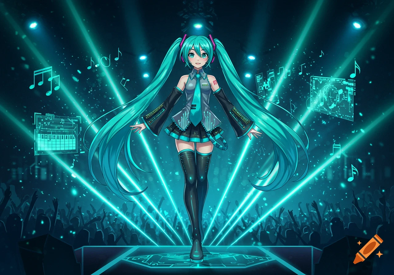 Hatsune Miku performs on a stage, bathed in bright teal laser lights, with an audience in silhouette. Musical notes and holographic screens float around her.