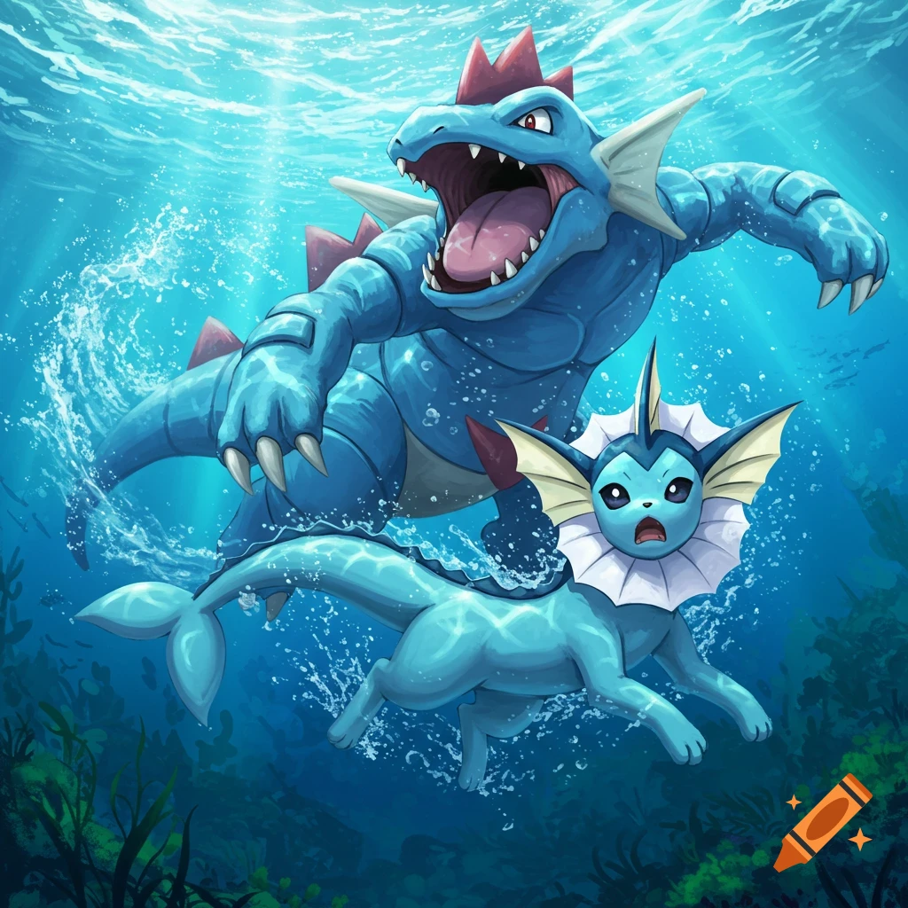 A large blue Feraligatr with red spikes chases a scared light blue Vaporeon through the clear blue water.