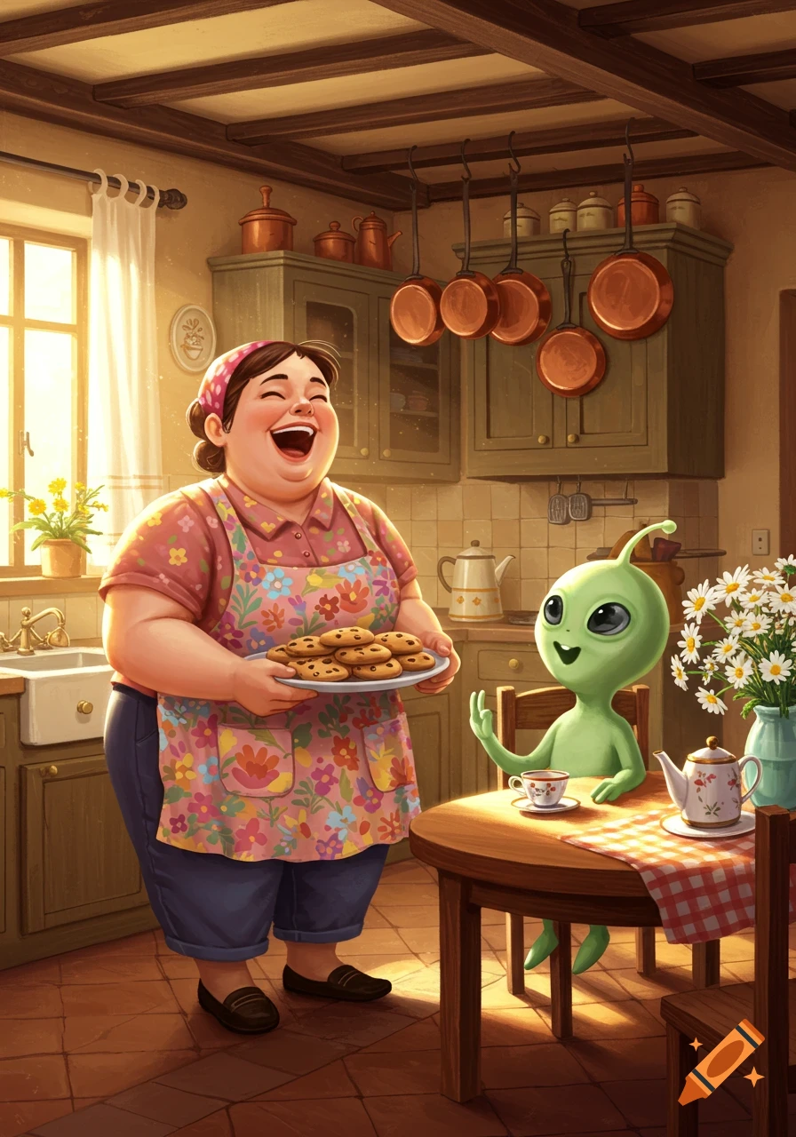 A laughing woman in an apron holds cookies in a sunny kitchen with a green alien at the table. Illustrated style.