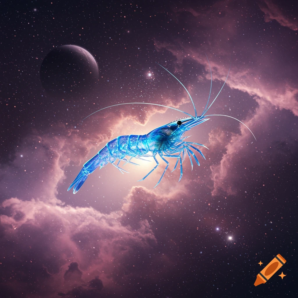 A translucent blue shrimp floats in a purple and pink nebula with stars and a planet.