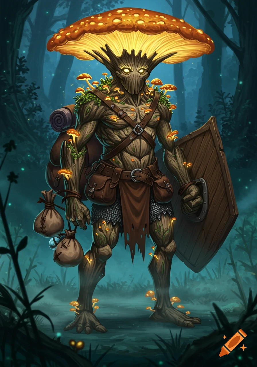 A fantasy illustration of a mushroom-capped tree creature in armor, holding a shield and bags, standing in a dark, glowing forest.