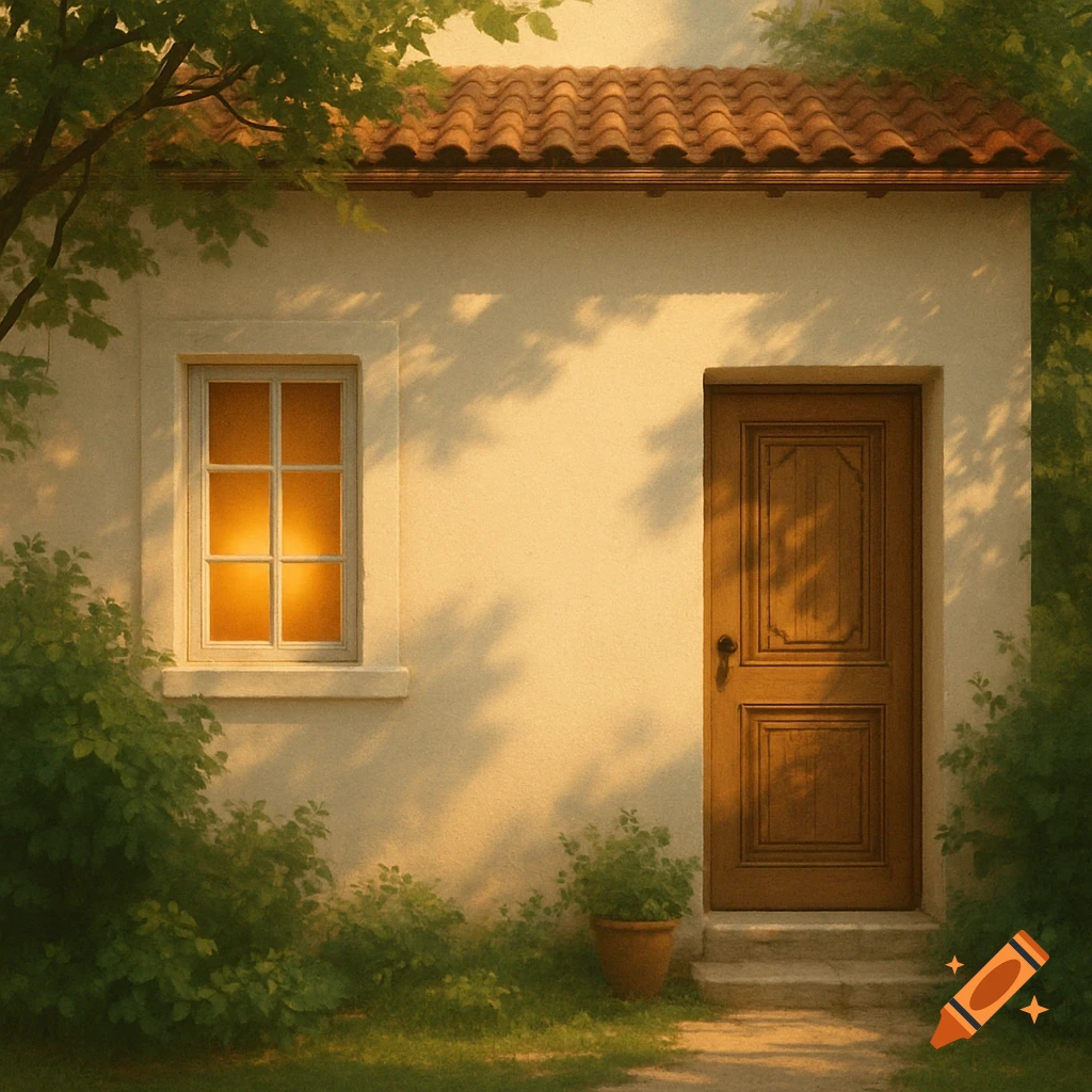 A warm, sunlit exterior of a white house with a glowing window, a wooden door, and surrounding green foliage.