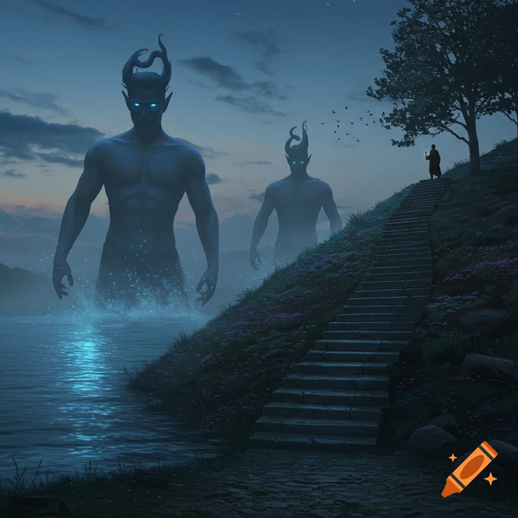 A man on a stone staircase on a hill watches two glowing blue Jin emerge from a dark lake at dusk, with a tree and birds overhead.