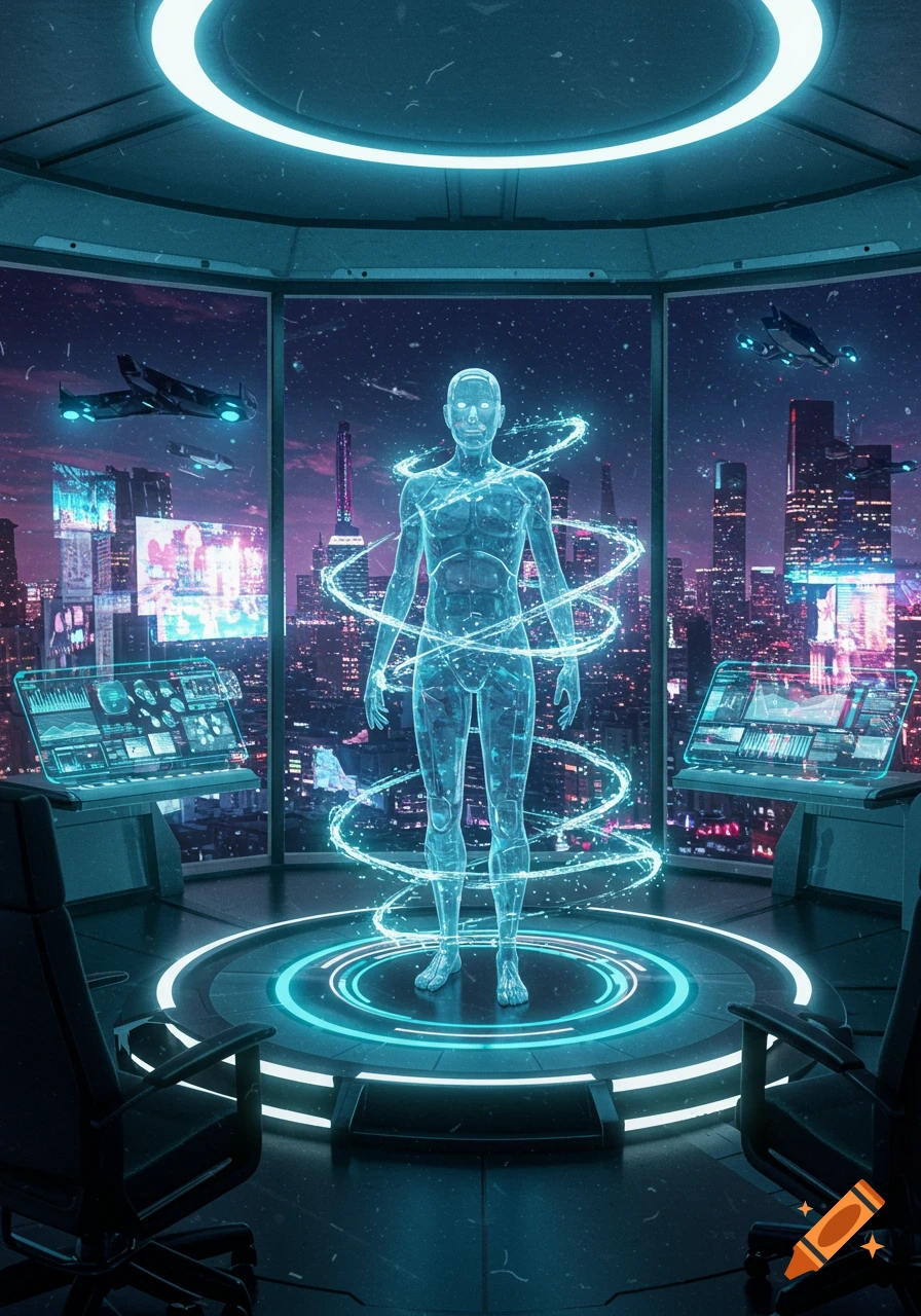 A translucent, glowing human figure stands on a circular platform in a futuristic room overlooking a neon-lit cyberpunk city at night with flying vehicles.