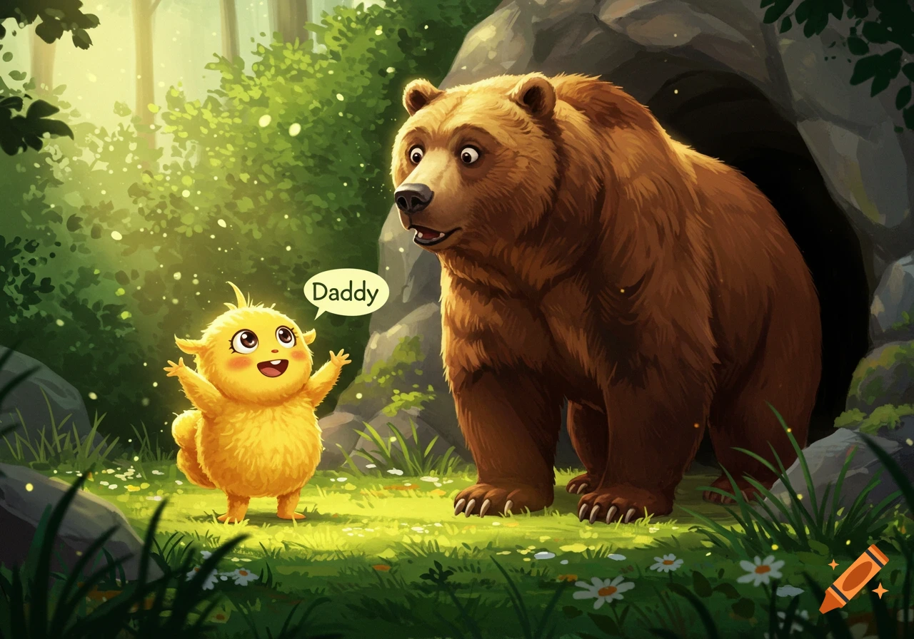 A fluffy yellow creature with big eyes happily calls out 'Daddy' to a surprised brown bear in a sunlit forest, in a cartoon illustration style.