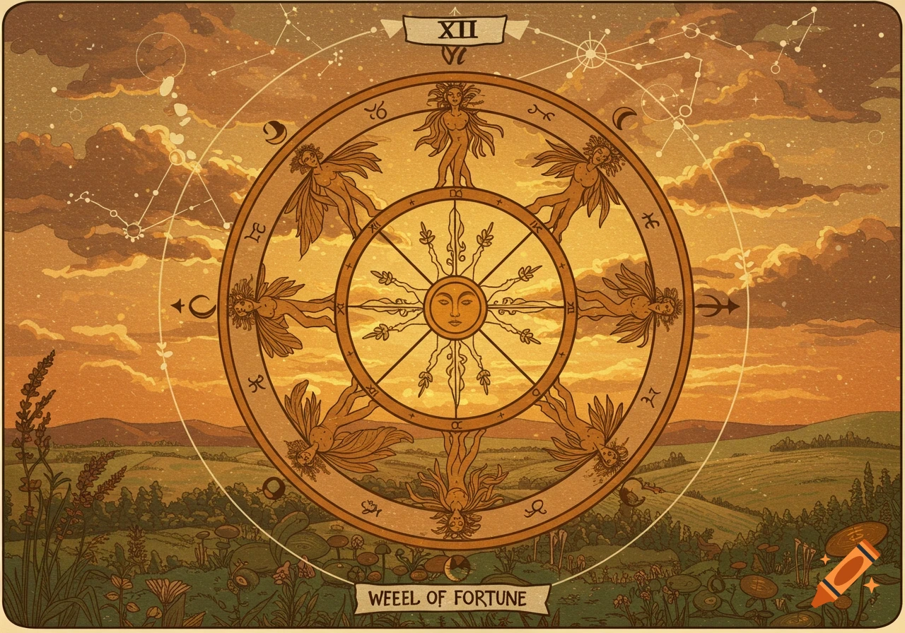 Stylized Wheel of Fortune tarot card with winged figures, a sun face, and astrological symbols against an earthy landscape and sunset sky.