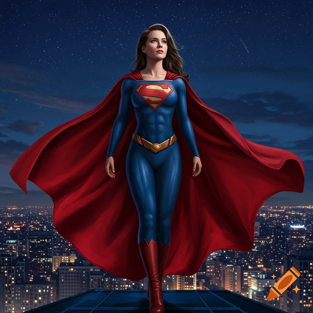 A woman in a blue and red Supergirl suit with a flowing red cape stands on a rooftop overlooking a city at night.