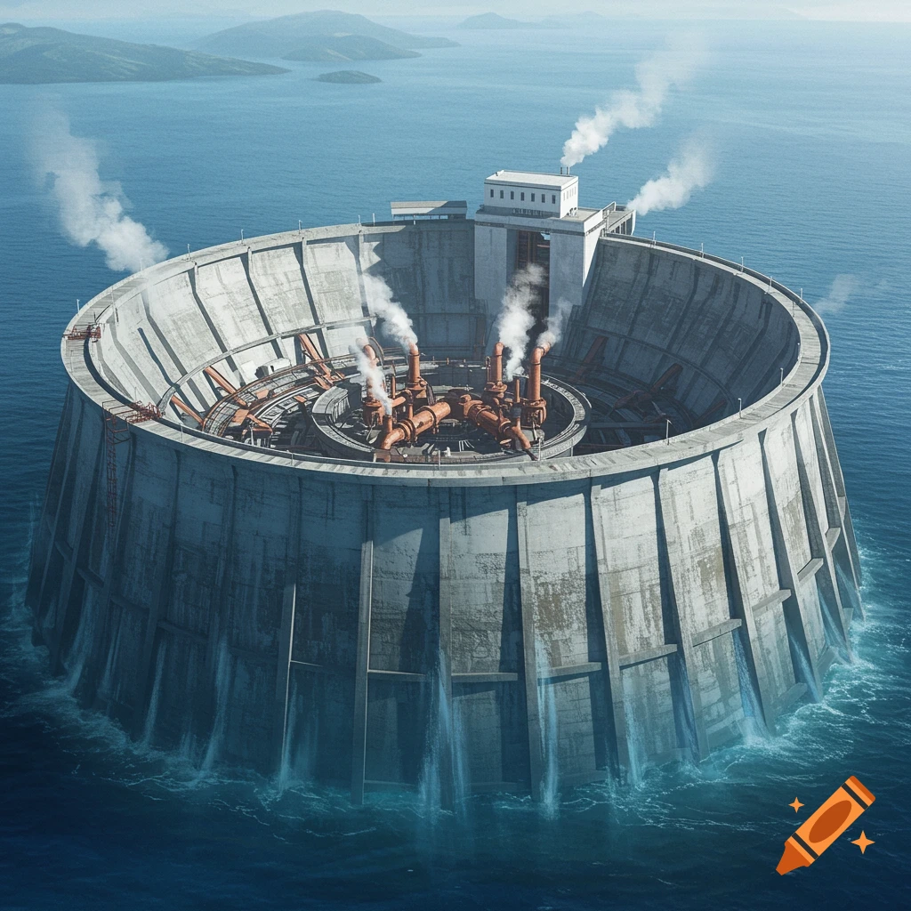 A massive circular concrete industrial facility, resembling a dam or power plant, stands in the open ocean with smoke rising from pipes and water flowing from its base. Mountains are in the distance.
