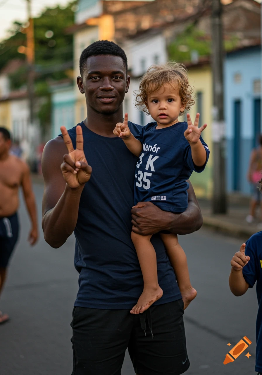 A smiling Afro-Brazilian man holds a child with curly hair in a street. Both show peace signs.