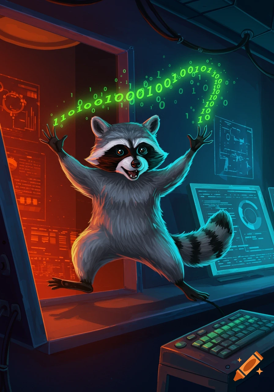 A happy cartoon raccoon in a tech room with arms raised, surrounded by glowing green binary code flowing upwards, with computer screens and a keyboard in the background.