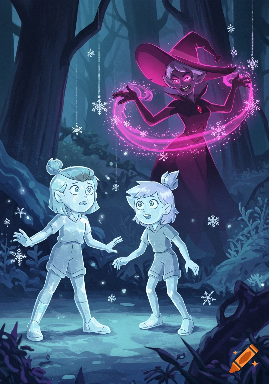 Luz and Amity as ice statues look surprised, taunted by a glowing witch in a dark fantasy forest.