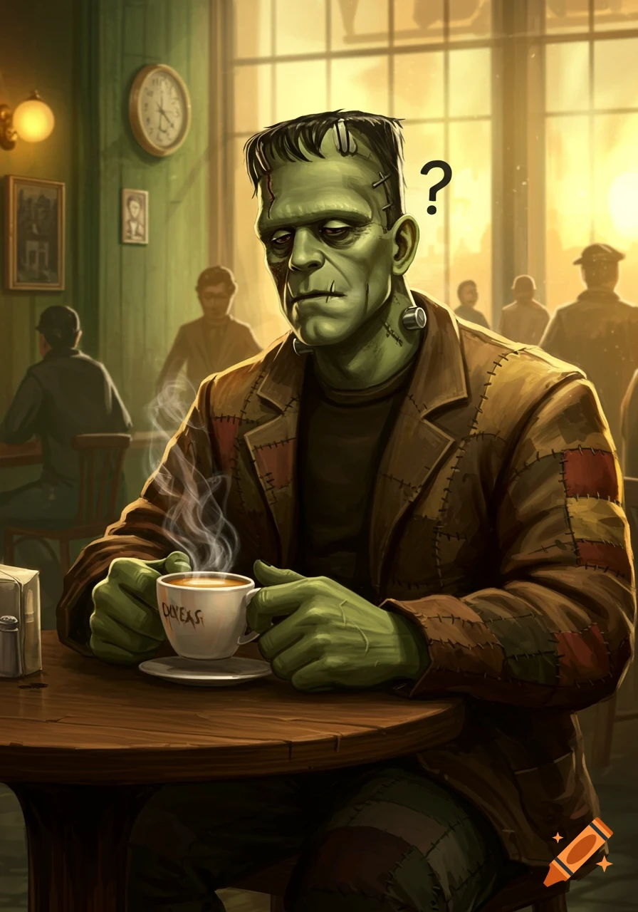 Frankenstein's monster sips coffee in a bustling cafe, looking thoughtful. Illustration.