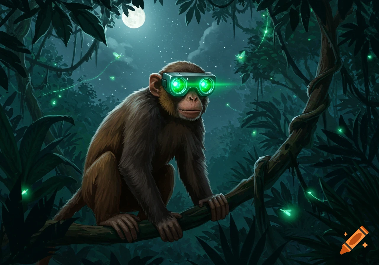 A brown monkey wearing glowing green night vision goggles sits on a tree branch in a dark jungle at night under a full moon.