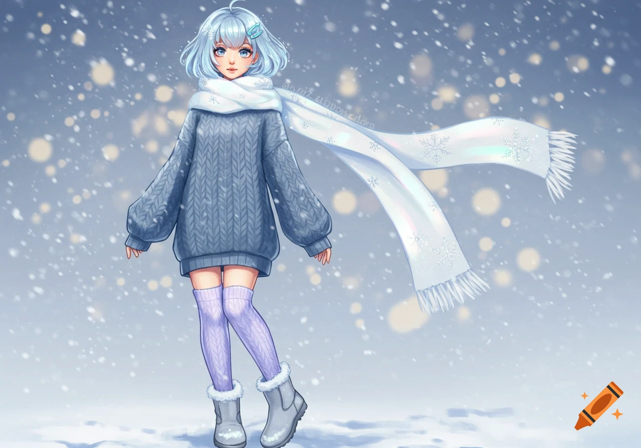 Anime Character in Winter Attire created on Craiyon, image size:1280x896