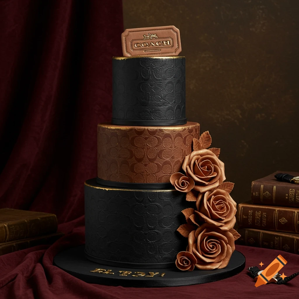A three-tiered black and brown Coach-themed birthday cake with gold accents, chocolate roses, and text.