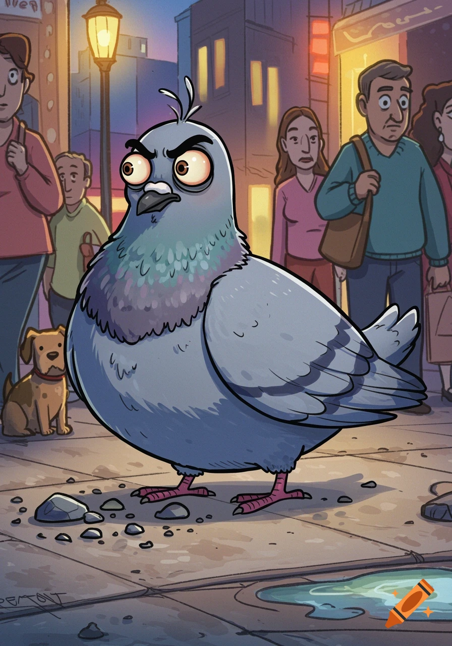 A large, angry-looking cartoon pigeon stands on a city sidewalk among rocks, with blurred people and a dog in the background.