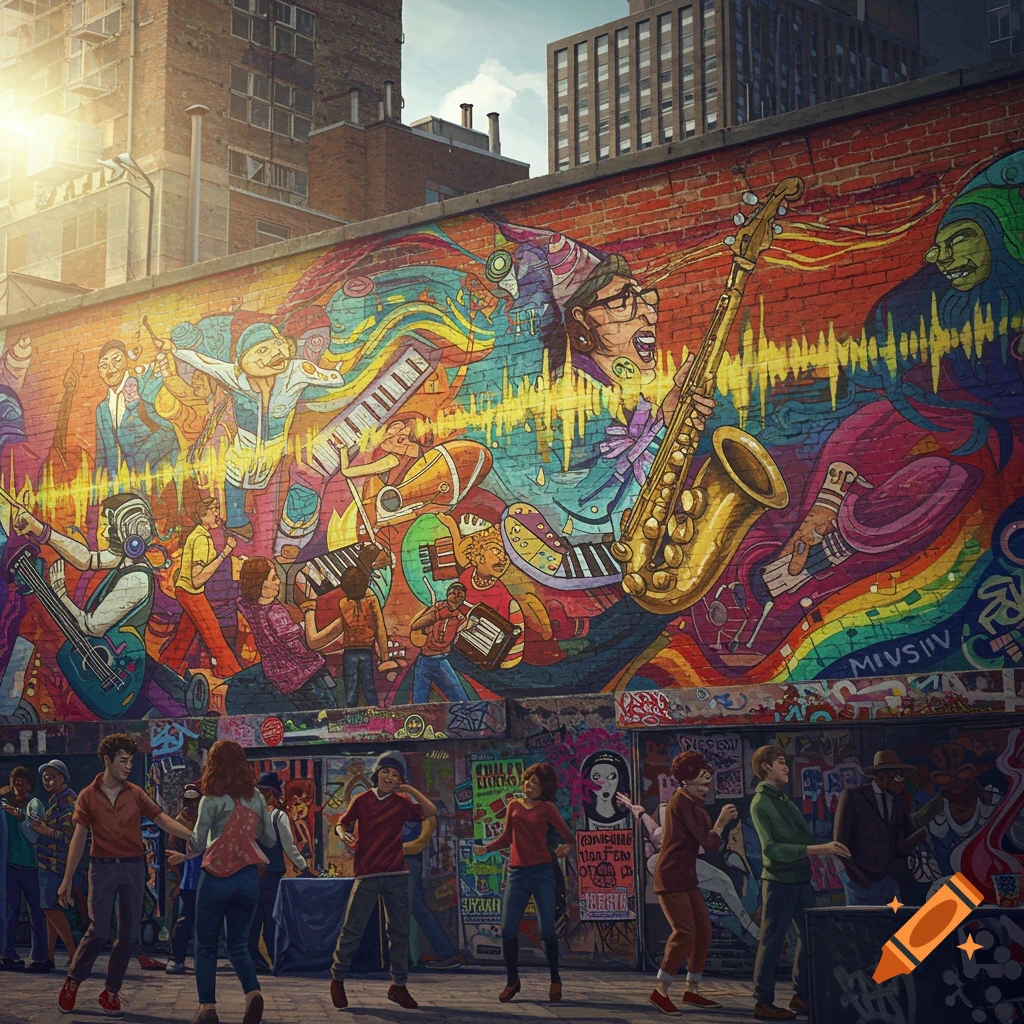 A vibrant street mural depicts musicians and instruments, with people dancing on the street below in an urban setting.