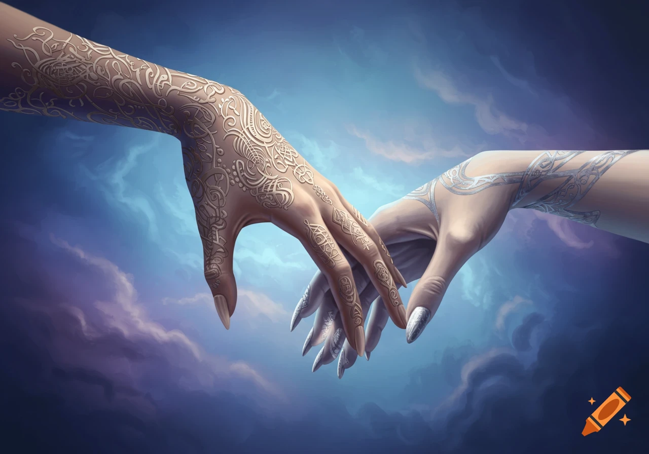 Two intricately decorated hands reaching towards each other against a backdrop of swirling blue and purple clouds, in a stylized, painterly aesthetic.