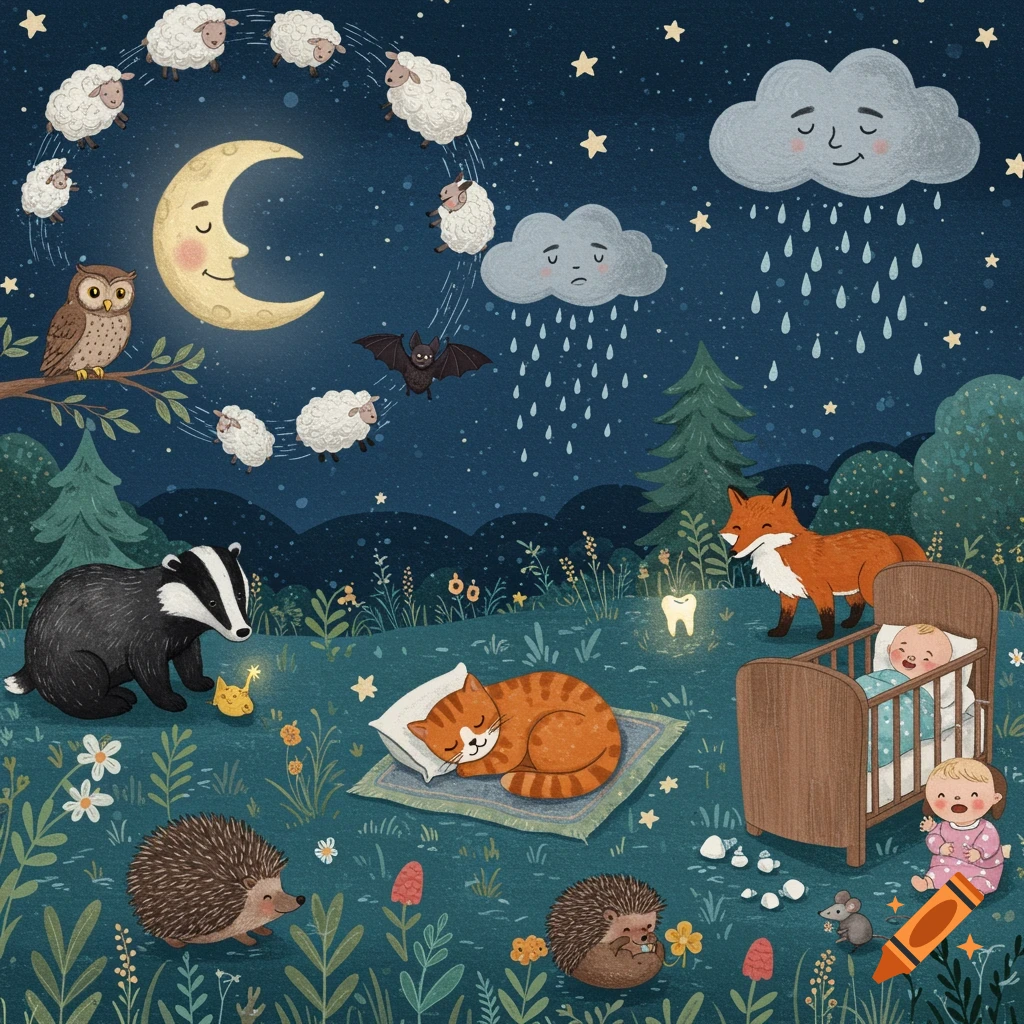 A whimsical illustration of a nighttime forest with a smiling moon, clouds, sheep, an owl, a badger, fox, cat, hedgehogs, and two babies.