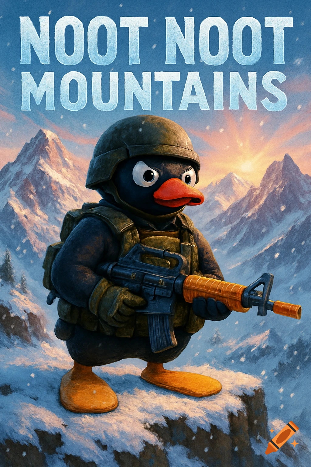 A cartoon penguin wearing military gear and a helmet holds a rifle while standing in a snowy mountain landscape. Text reads "Noot Noot Mountains".
