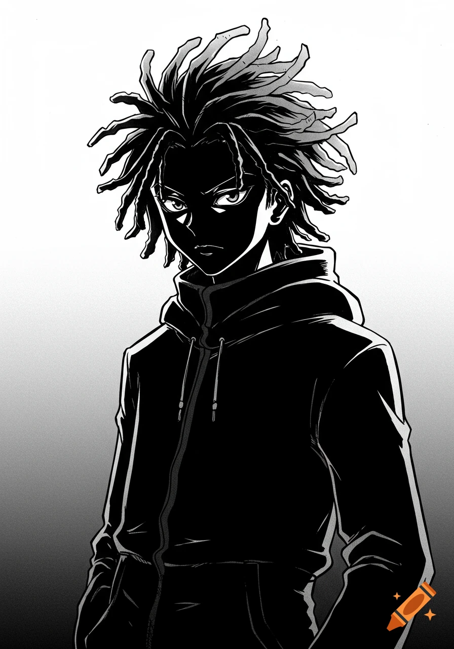 A black and white anime style portrait of a teenager with dreadlocks, wearing a hoodie and looking forward with a serious expression.