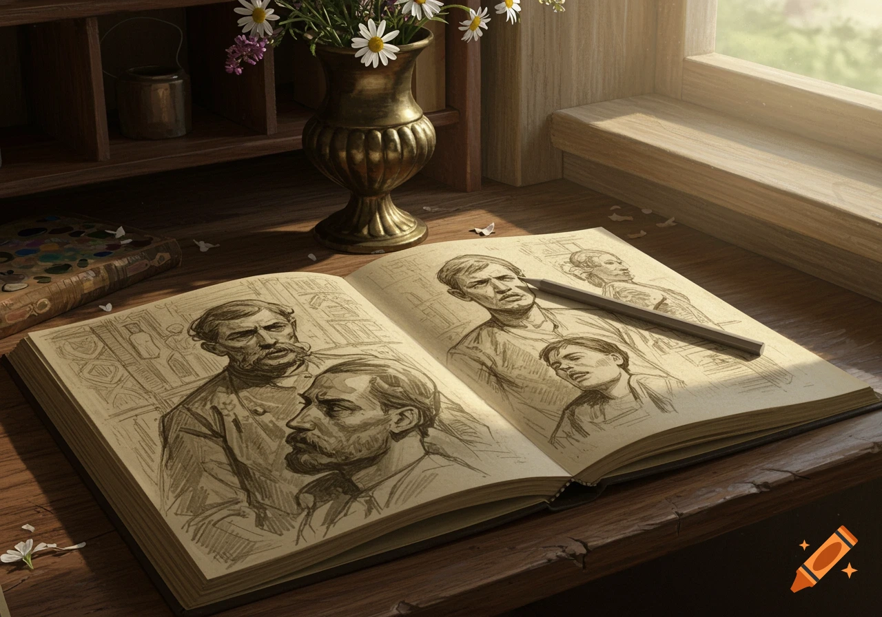 Open sketchbook on a wooden desk showing multiple detailed pencil portraits, beside a vase of daisies and a paint palette, lit by sunlight.