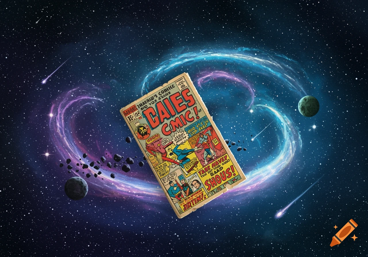 A vintage-looking comic book floats among planets, asteroids, and colorful nebulae in deep space.