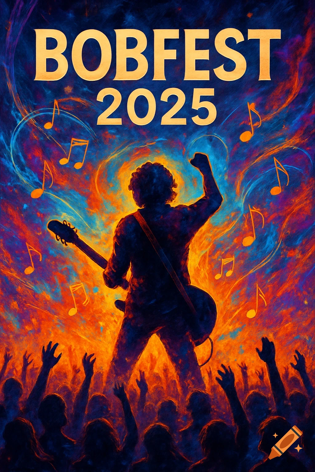 A vibrant, stylized festival poster with a silhouetted guitarist on stage, surrounded by musical notes and a cheering crowd under swirling orange and blue lights. The text "BOBFEST 2025" is prominent at the top.