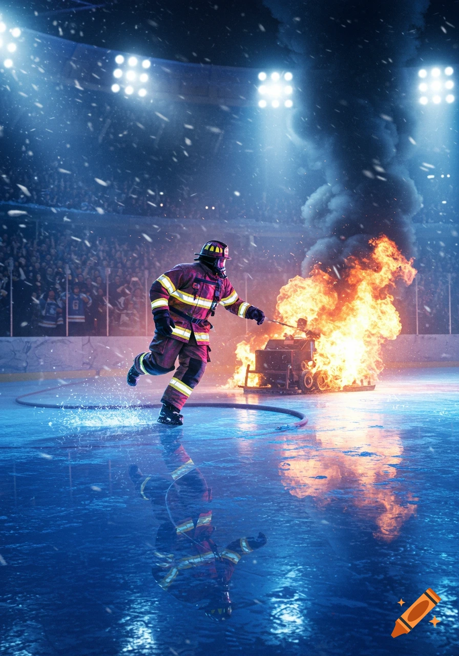 A firefighter runs on an ice rink towards a burning Zamboni at a hockey game, with spectators in the background.