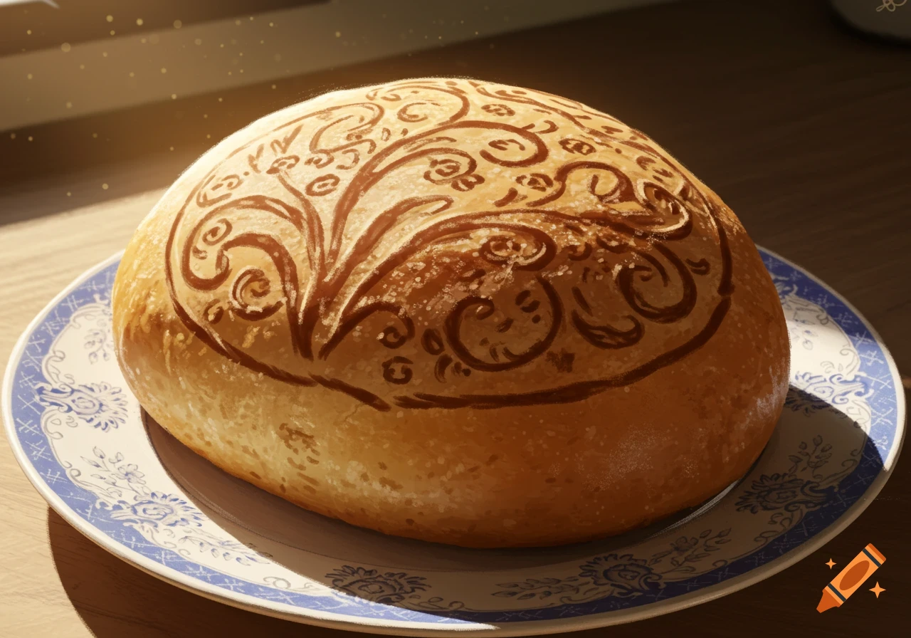 A beautifully decorated loaf of bread with a dark brown drawing on top, resting on a white and blue patterned plate.