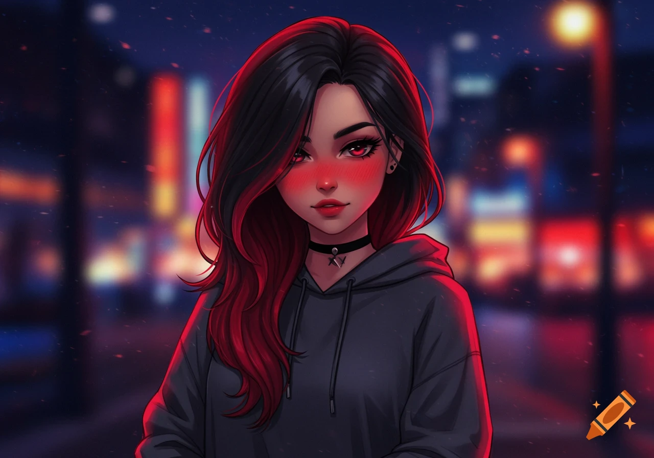 Anime girl with black and red hair, red eyes, and blush, wearing a dark hoodie and choker, against a blurry nighttime city background.