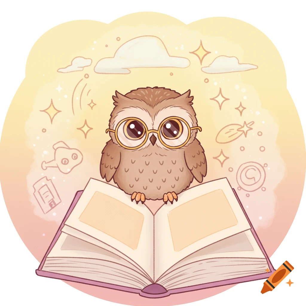 A cute brown cartoon owl with gold glasses sits atop an open book, surrounded by sparkles, clouds, and doodles in a soft gradient background.