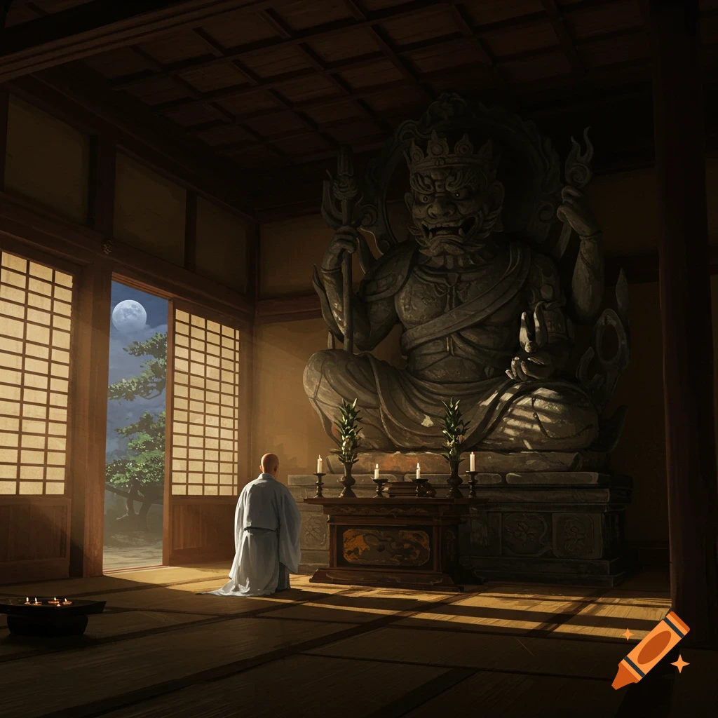 A Buddhist monk kneels before a large, imposing statue in a dimly lit Japanese temple at night, moonlight streaming through the windows.