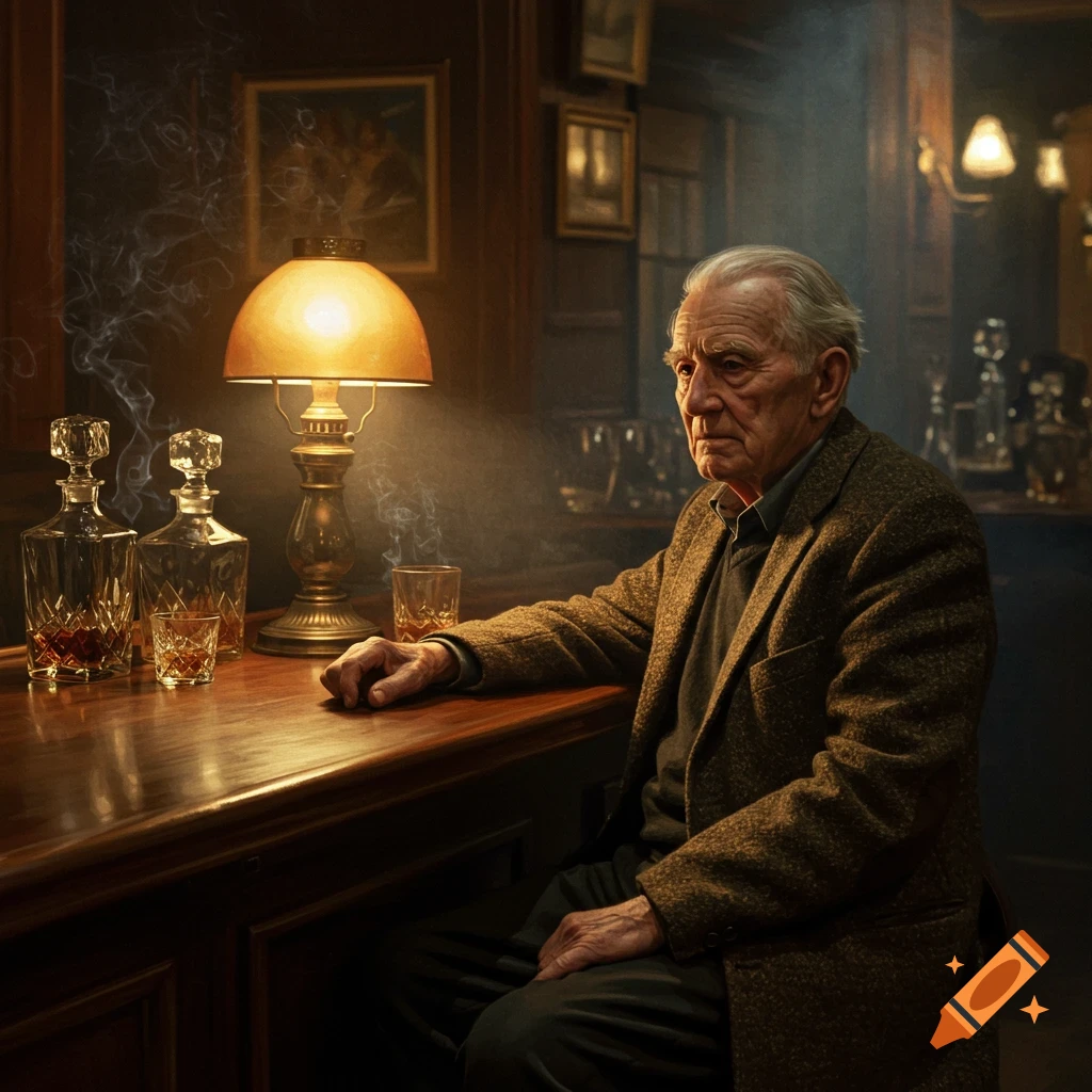 Oil painting of an old man sitting at a dimly lit wooden bar, with a lamp, whiskey decanters, and smoke rising.