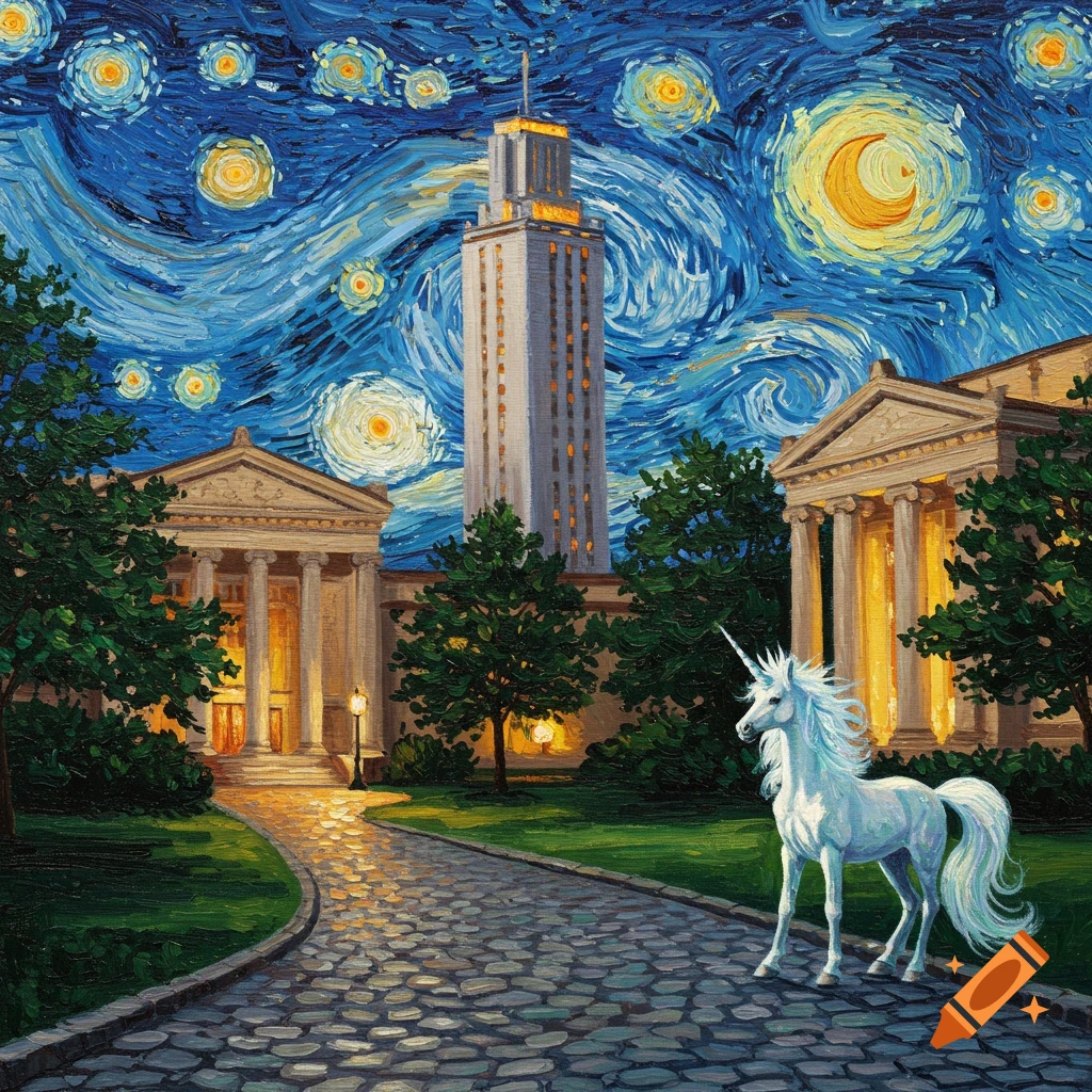 An oil painting in the style of Van Gogh's Starry Night, featuring a university tower, a museum, and a white unicorn on a path.