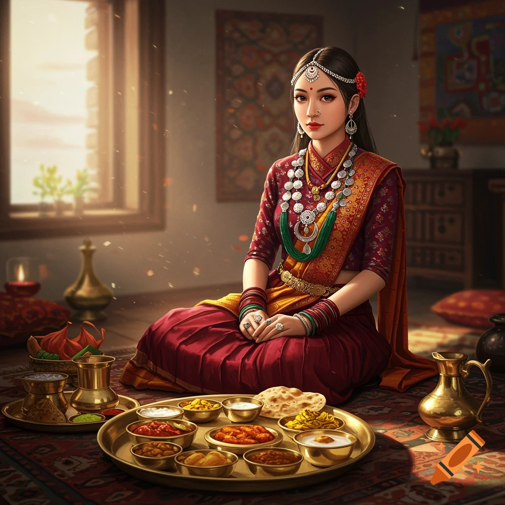 A woman in a red and gold Nepali gunyo choli traditional dress with ornate jewelry sits on a rug with a thali of food.