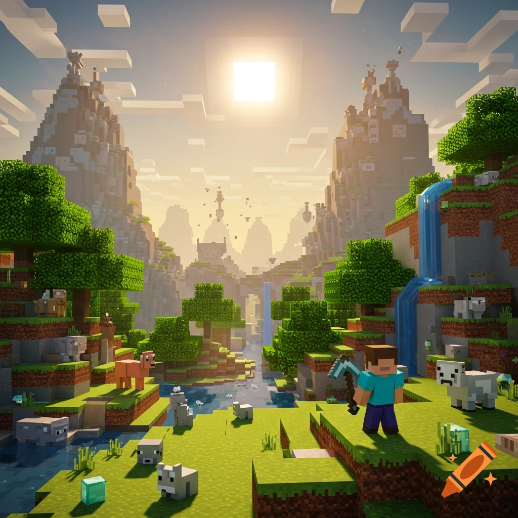A vibrant, blocky Minecraft landscape with a player, animals, trees, mountains, and a river under a bright sun.