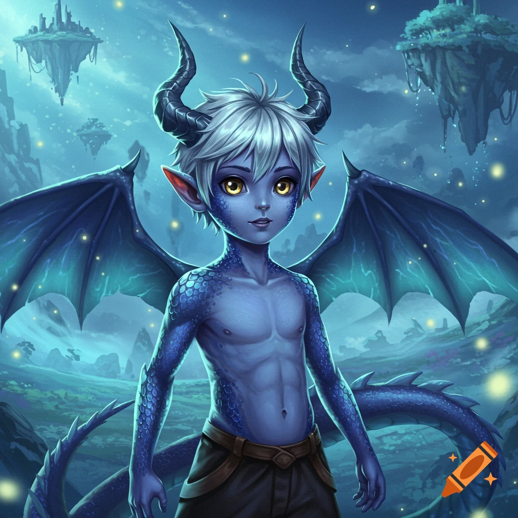Anime style drawing of a blue-skinned dragon boy with white hair, horns, and large wings in a fantasy landscape with floating islands.