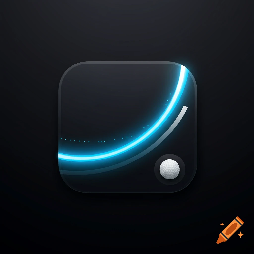 A sleek, dark app icon features a bright blue glowing arc and a golf ball in the lower right corner, set against a rounded square background.