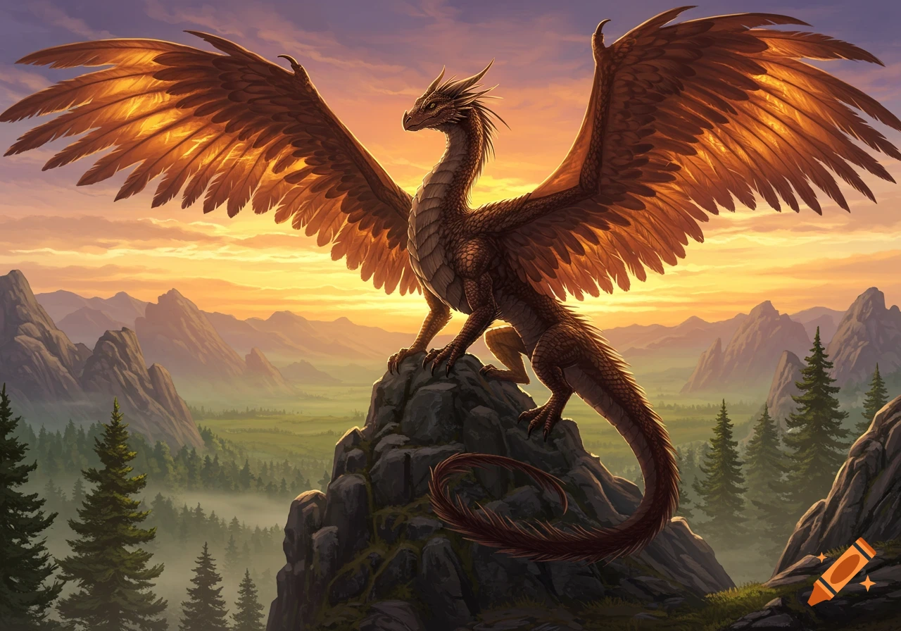 A majestic brown dragon with large feathery wings stands atop a rocky mountain peak at sunset, overlooking a vast forested valley.