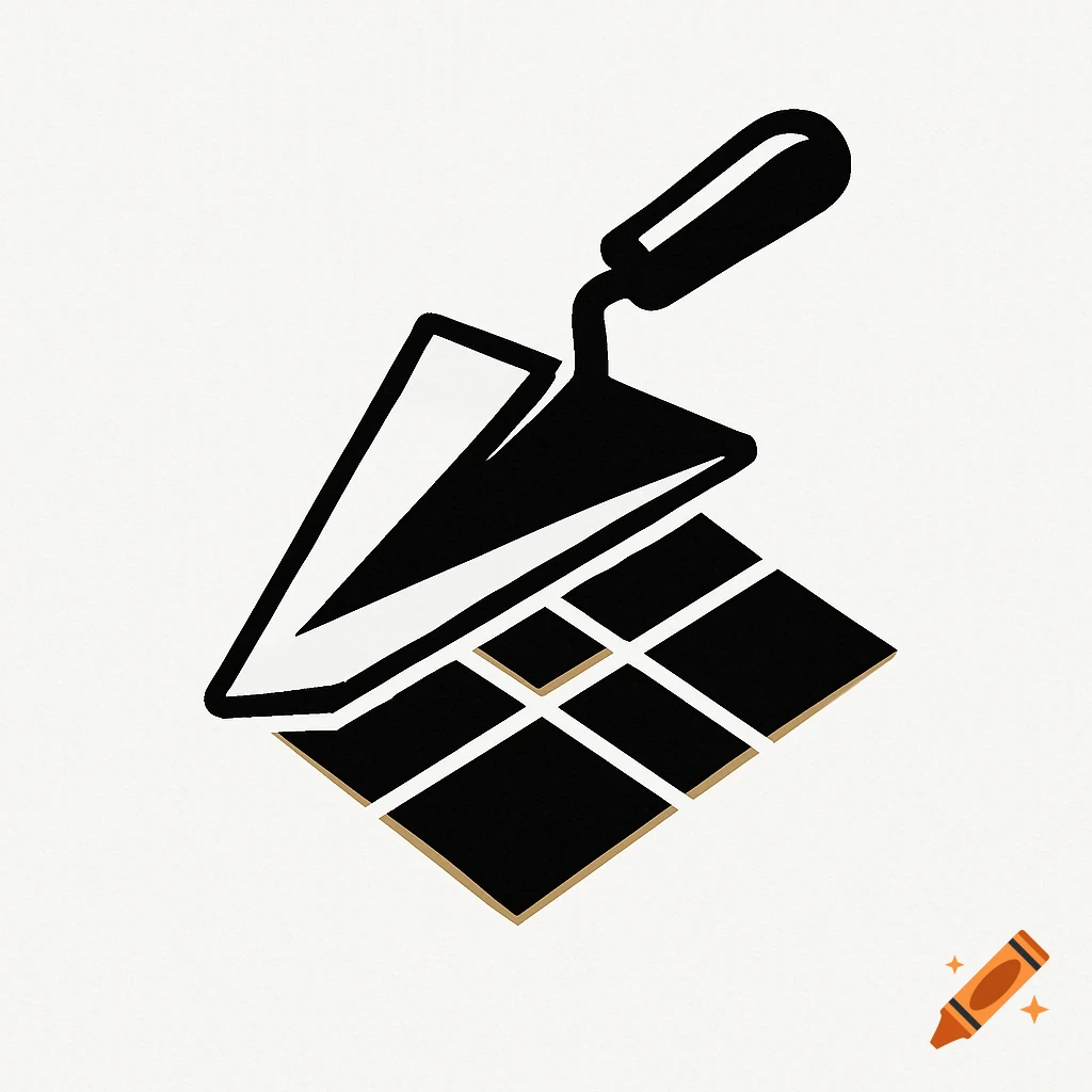 A black silhouette logo of a trowel resting on several square tiles.