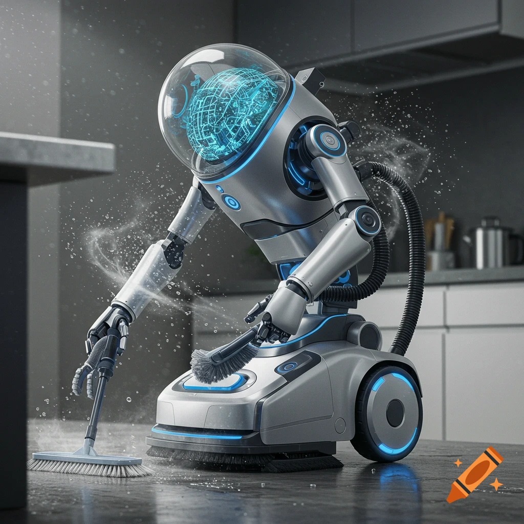 A sleek, futuristic cleaning robot with a transparent head displaying circuits, actively cleaning a modern kitchen countertop with brushes and water droplets.
