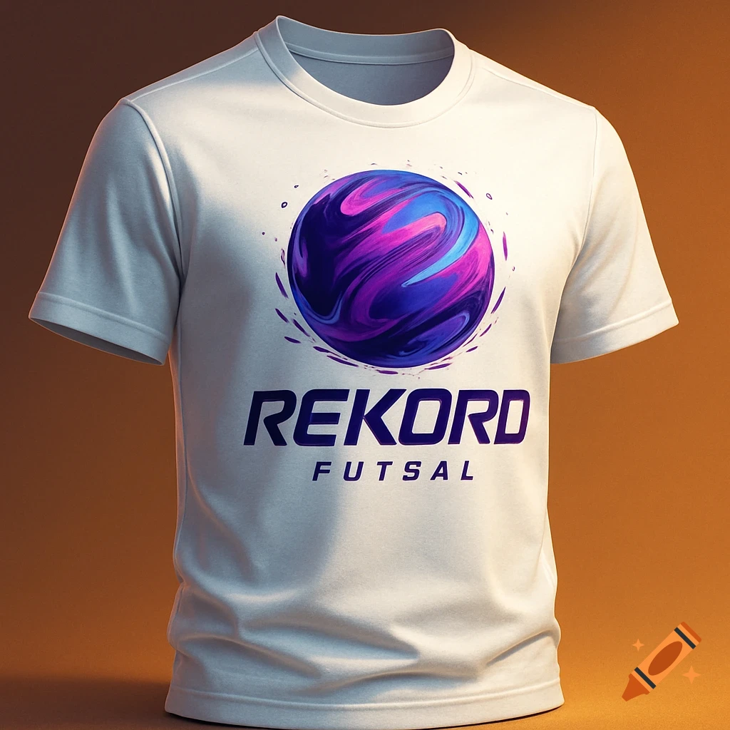 A white t-shirt with a purple and blue swirled ball logo above the words 'REKORD FUTSAL'.