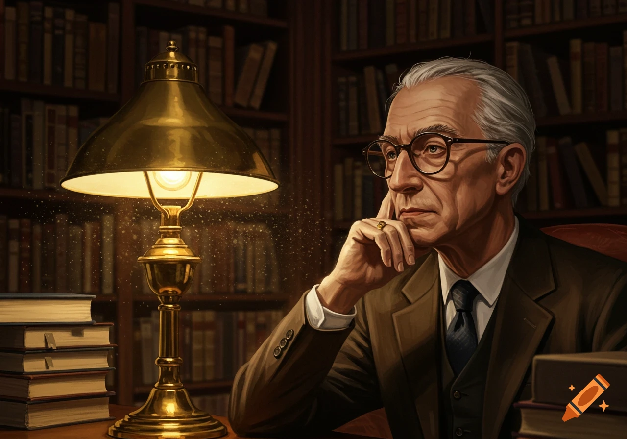 A thoughtful older man with grey hair and glasses sits at a desk in a dimly lit library, illuminated by a brass lamp.