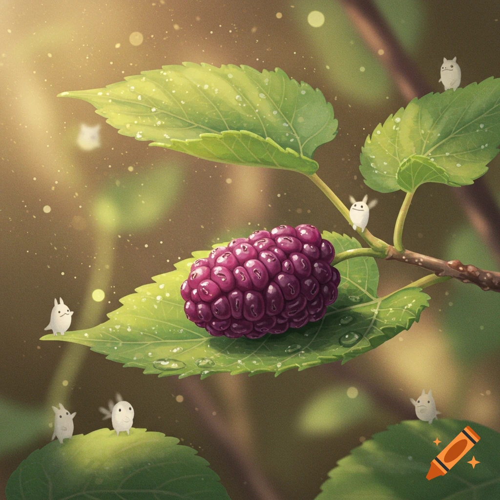 A vibrant purple mulberry on a dewy green leaf, surrounded by cute white spirit-like creatures in a whimsical Ghibli-style forest.